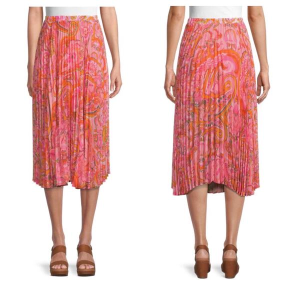 Delfi Collective Lilah Midi Skirt Size Medium Pink Paisley Pleated Boho Y2K - Picture 1 of 12